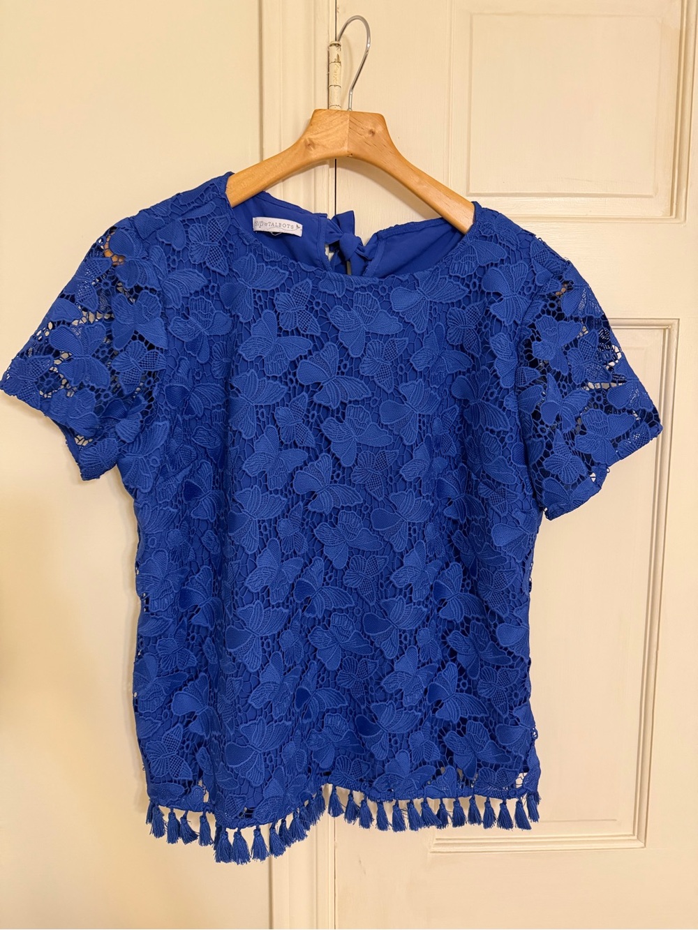 Talbots Royal Blue Floral Lace Short-Sleeve Top with Tassel Hem